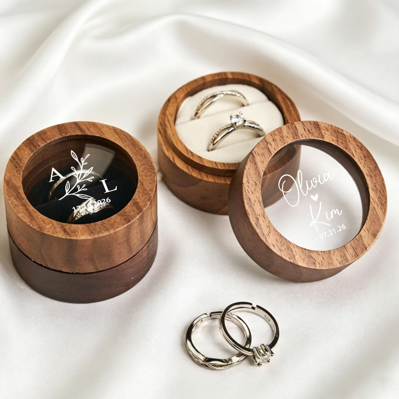 Wood Ring Blank - Personalisierte Hochzeits-Ringbox Runde Holz-Doppelringbox mit Glasfenster